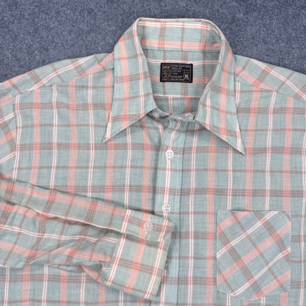 Vintage JCPenney Mens XL Plaid Button Down Shirt Green Orange 70s Long Sleeve